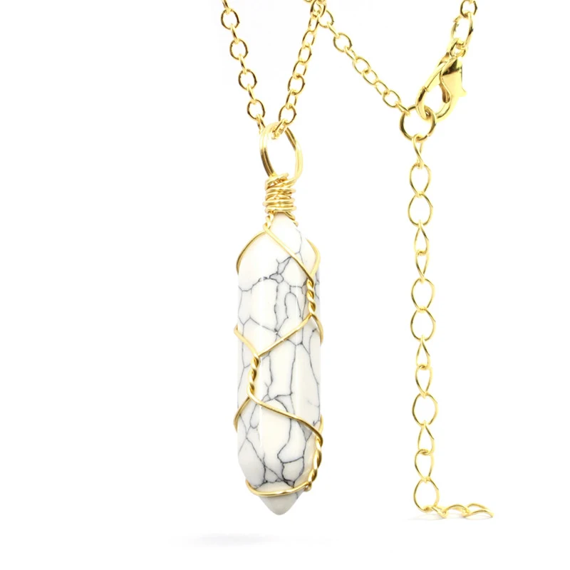 Collar con colgante de bala de piedra natural envuelto a mano, cristal de columna hexagonal para equilibrio y protección. — foto 7