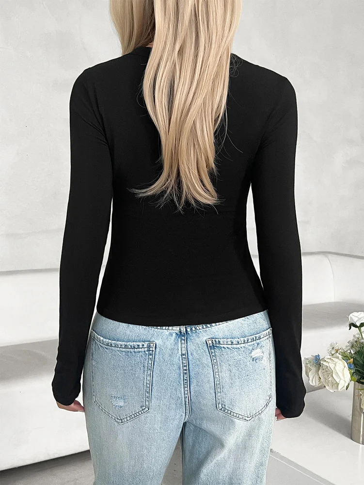 Title 10, Slim-fit Solid Color U-neck Long-sleeved Top