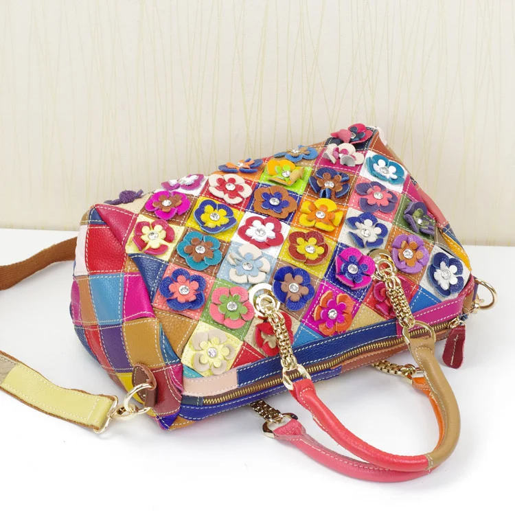 Title 1, Cowhide Handbags with Colorful Flower Design, a...