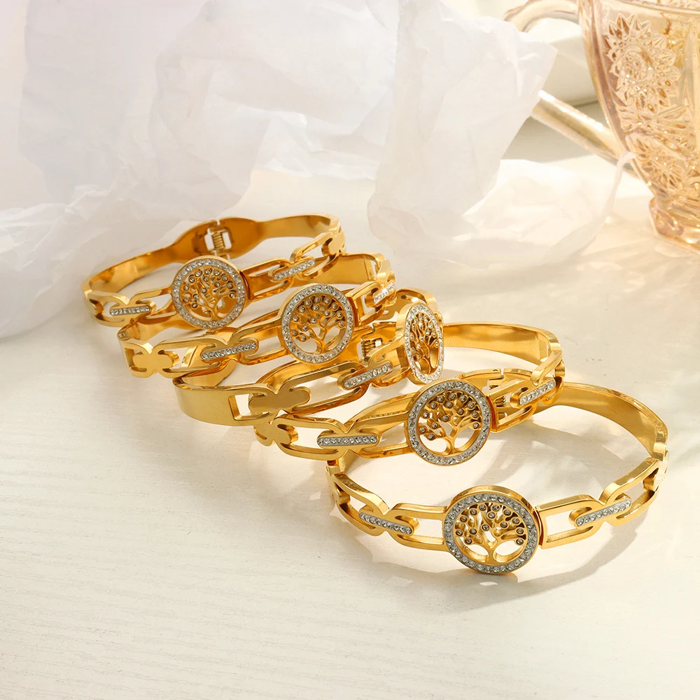 Pulseira Árvore da Vida Feminina vazada Aço Titânio banhada a ouro. Joia delicada e cheia de significado, perfeita para mulheres. — foto 14