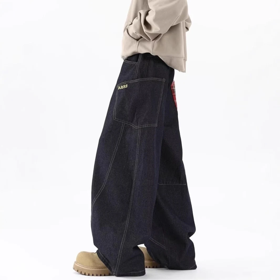 Calças jeans masculinas de perna larga com costura em foice e estampa xadrez, confortáveis e estilosas para um visual moderno e despojado. — foto 5