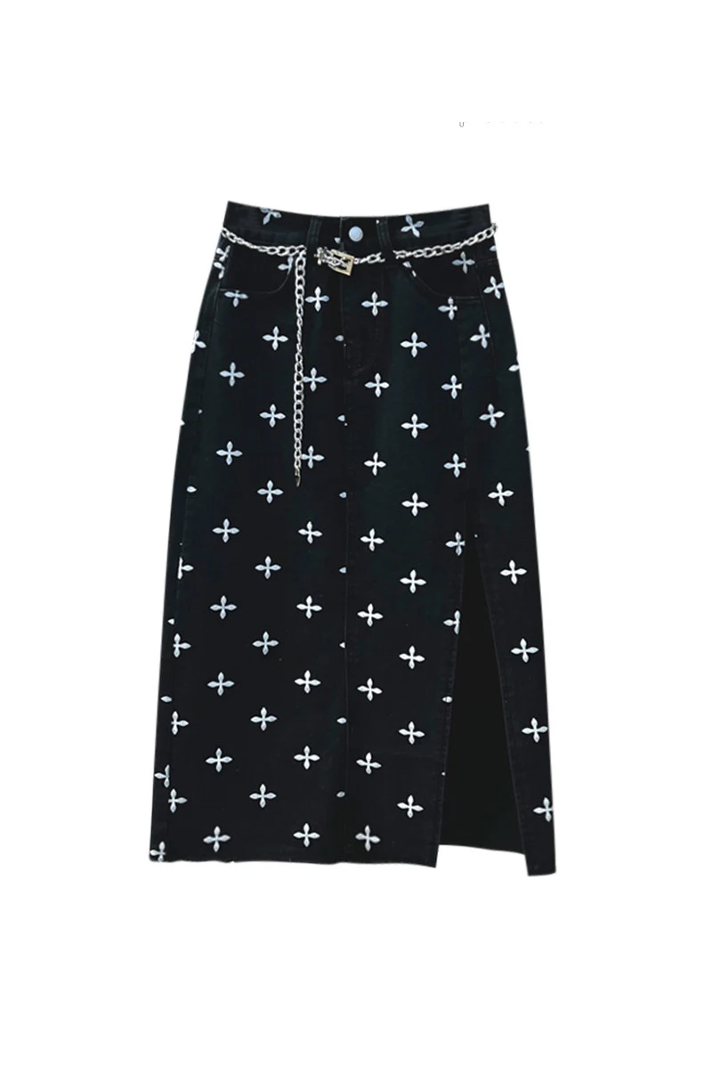 Saia jeans feminina estampada, com fenda, cintura alta e comprimento médio. Perfeita para um visual moderno e estiloso. — foto 2