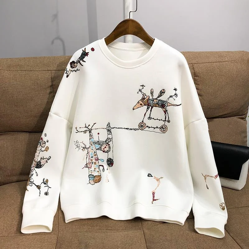 Moletom de algodão bordado macio e delicado Youthful Vitality, conforto e estilo para um visual fresco e moderno com detalhes exclusivos. — foto 1