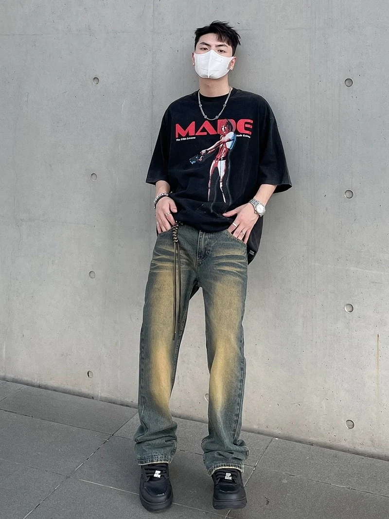 American High Street Vibe distressed yellow mud dyed washed jeans. Get a unique urban look with these comfortable and st — photo 11