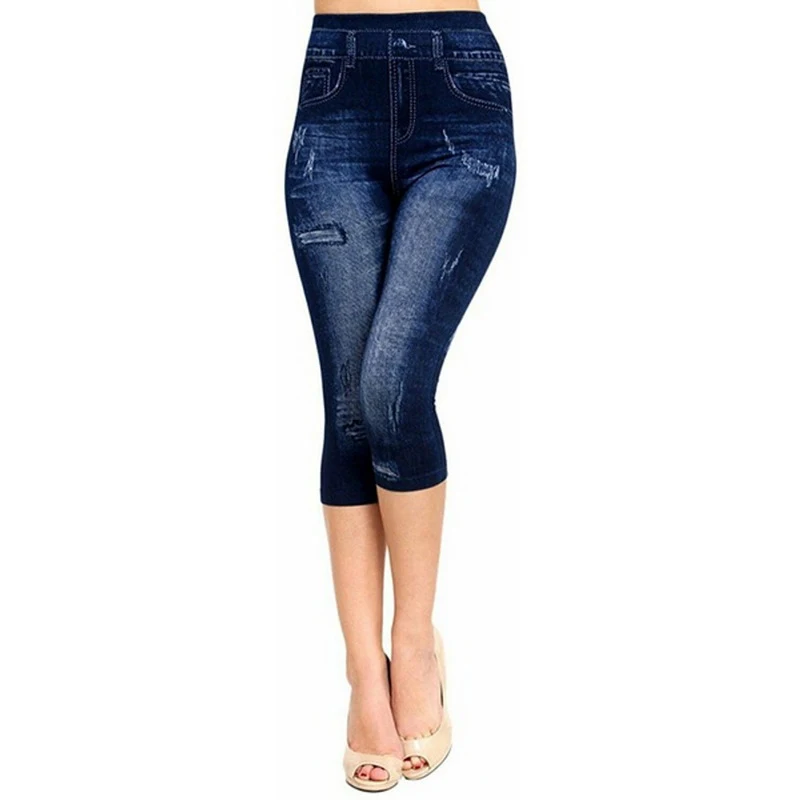 Title 2, Seamless Imitation Denim Print Leggings Hollow ...