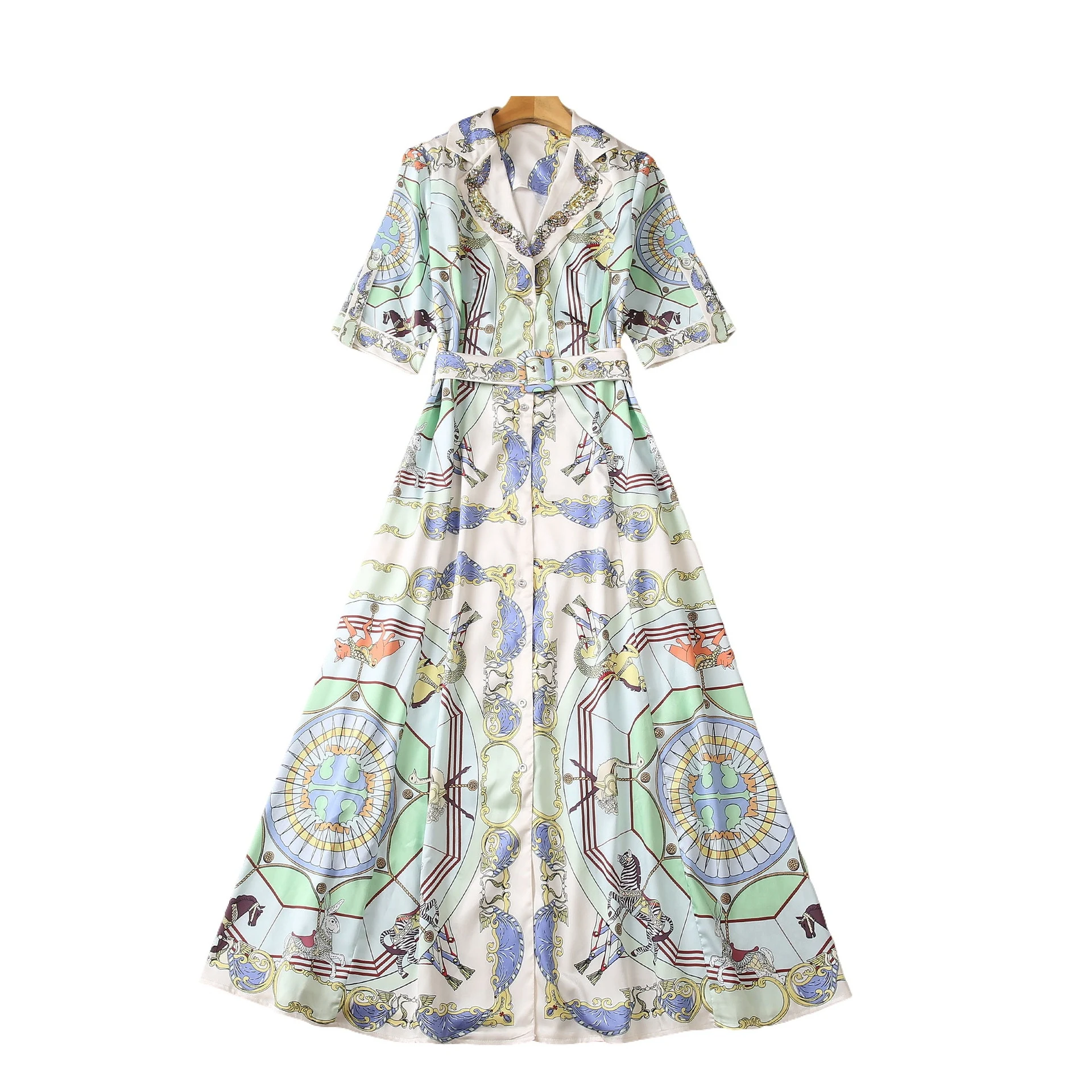 Suit Collar Single-breasted Circus Printed Diamond-embedded Sequin Short Sleeve Dress — photo 3