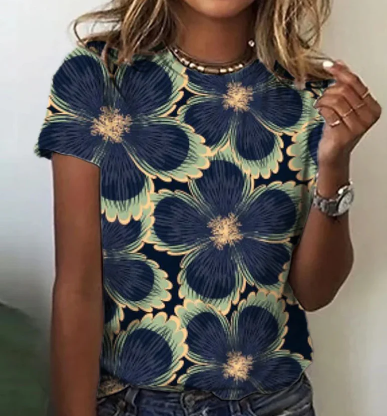 Solto plus size doce floral 3d impresso em torno do pescoço de manga curta roupas de verão camiseta feminina — foto 4
