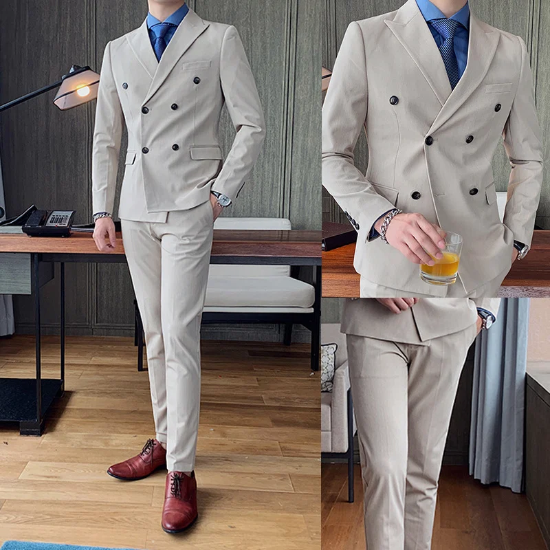 Youth male small suit casual double-breasted slim two-piece suit. Offers a modern and stylish look for casual events, pr — photo 6