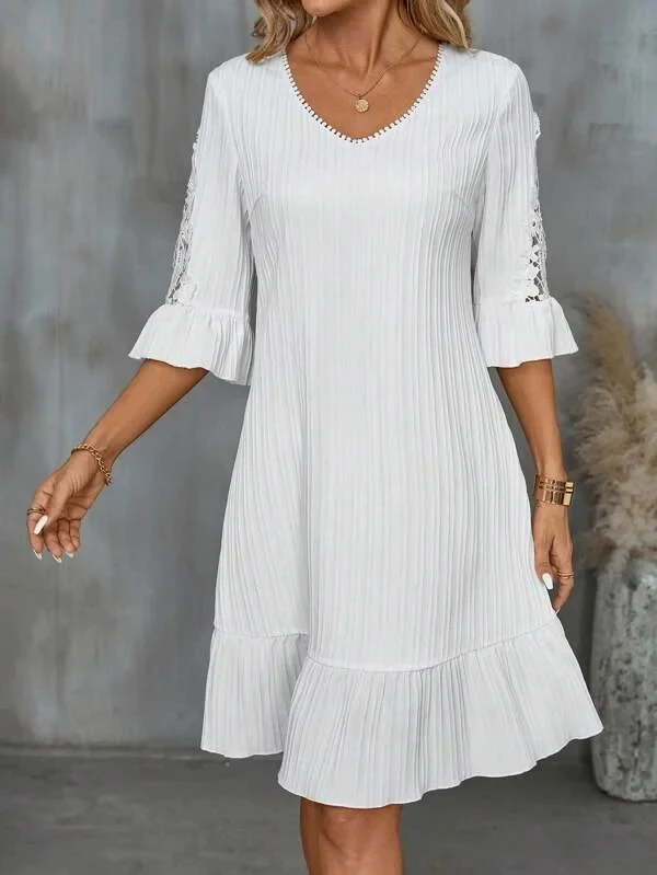 Title 2, Lace Patchwork Flared Sleeves Casual Dress. Ach...
