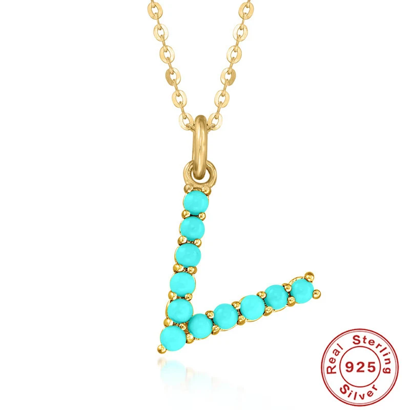 Colar com letra em prata S925 e turquesa natural. Um presente personalizado encantador, que adiciona elegância e beleza ao seu visual. — foto 8