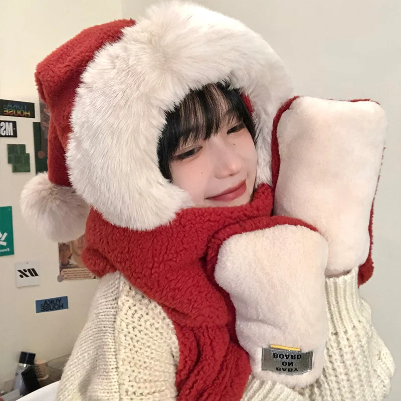 Korean Style Red Christmas Hat Scarf Gloves Set for Women Winter Cute Plush Warm Ear Protection Three-Piece Set Perfect — photo 5