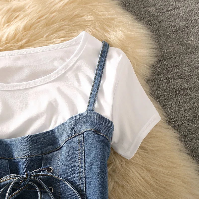 Zomerkleding denim bretels rok taille afwerking vetersluiting kleine maat jurk pak, ideaal voor een zomerse look. — foto 6