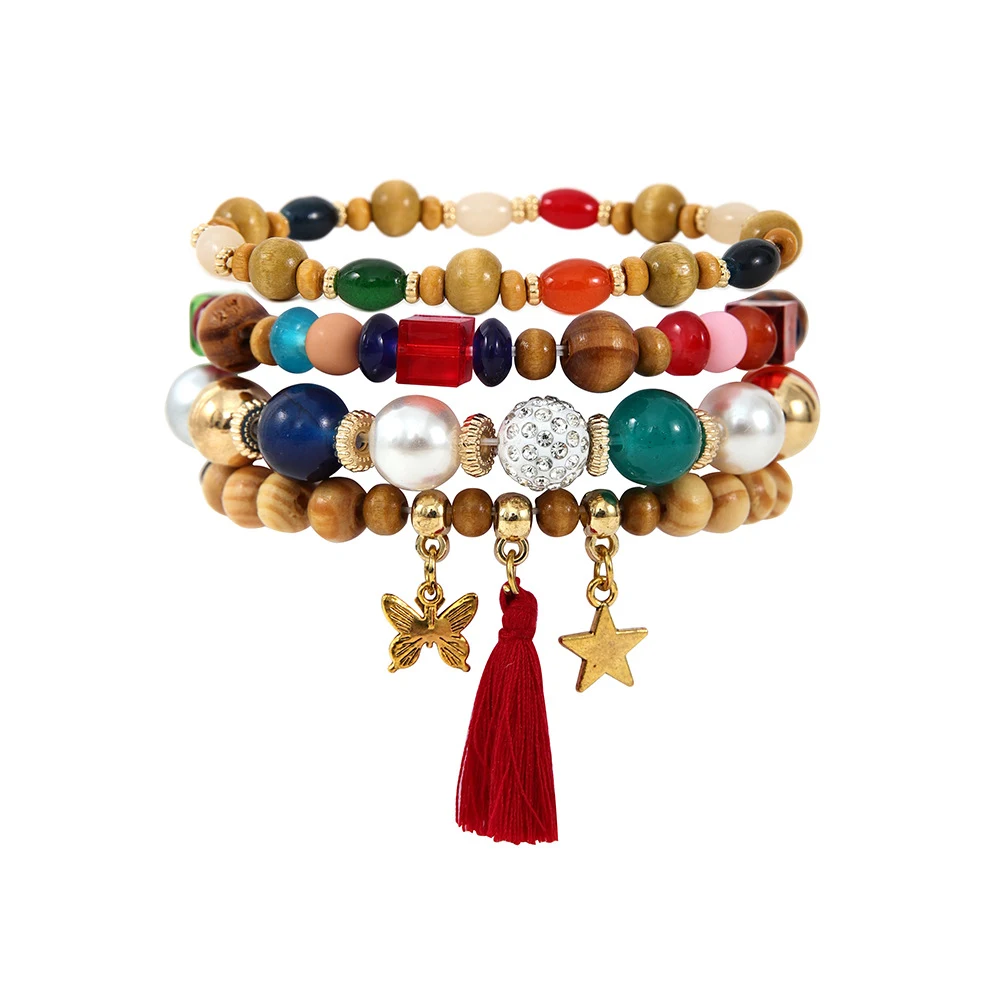 Pulseira com borla e contas étnicas de madeira, um conjunto sofisticado. Adicione um toque boêmio e elegante ao seu visual. — foto 4
