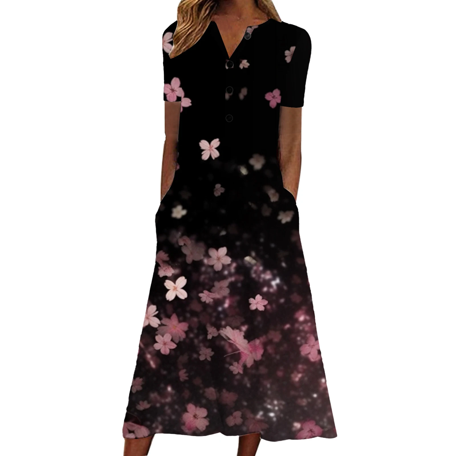 Title 6, Printed Pocket V-neck Loose Casual Length Dress...