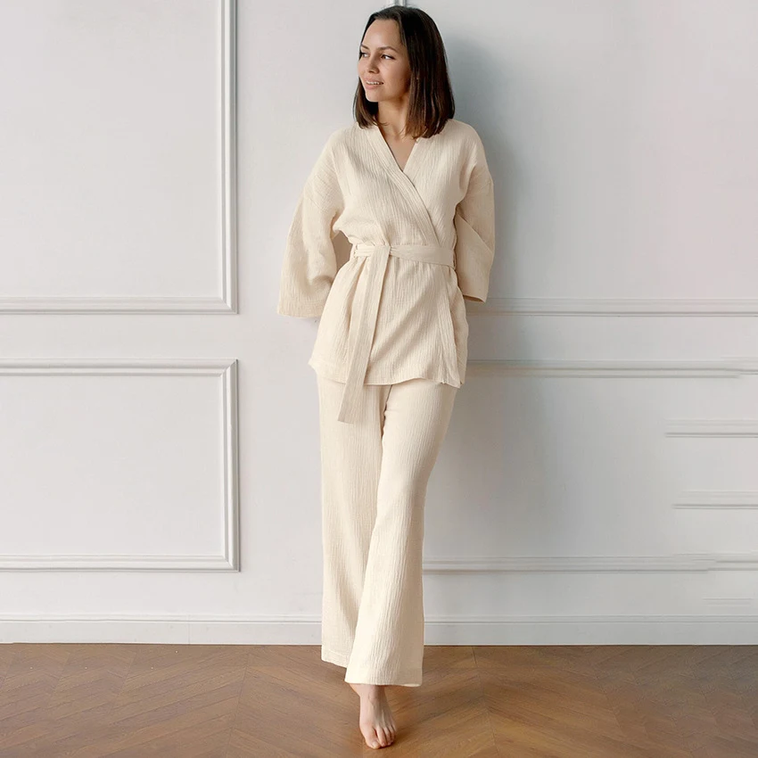 Title 6, Cotton Crepe Pajamas Two-piece Loose Cardigan L...