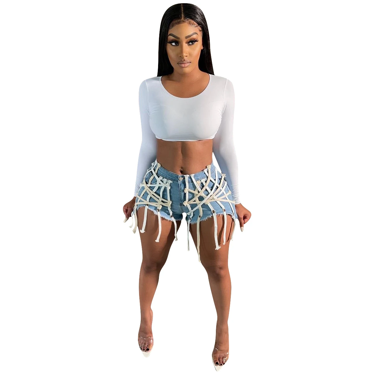 Title 5, Damen Eyelet Straps Stretch Wash Denim Shorts –...
