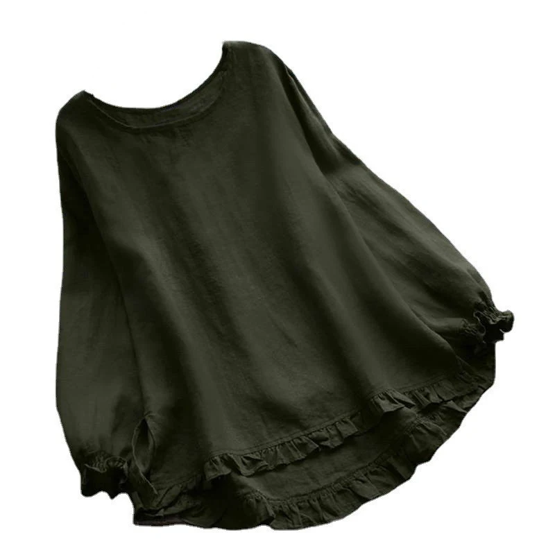 Camisa feminina de algodão e linho, manga longa, punho com babados, solta, gola redonda e cor sólida. Conforto e estilo para você. — foto 6