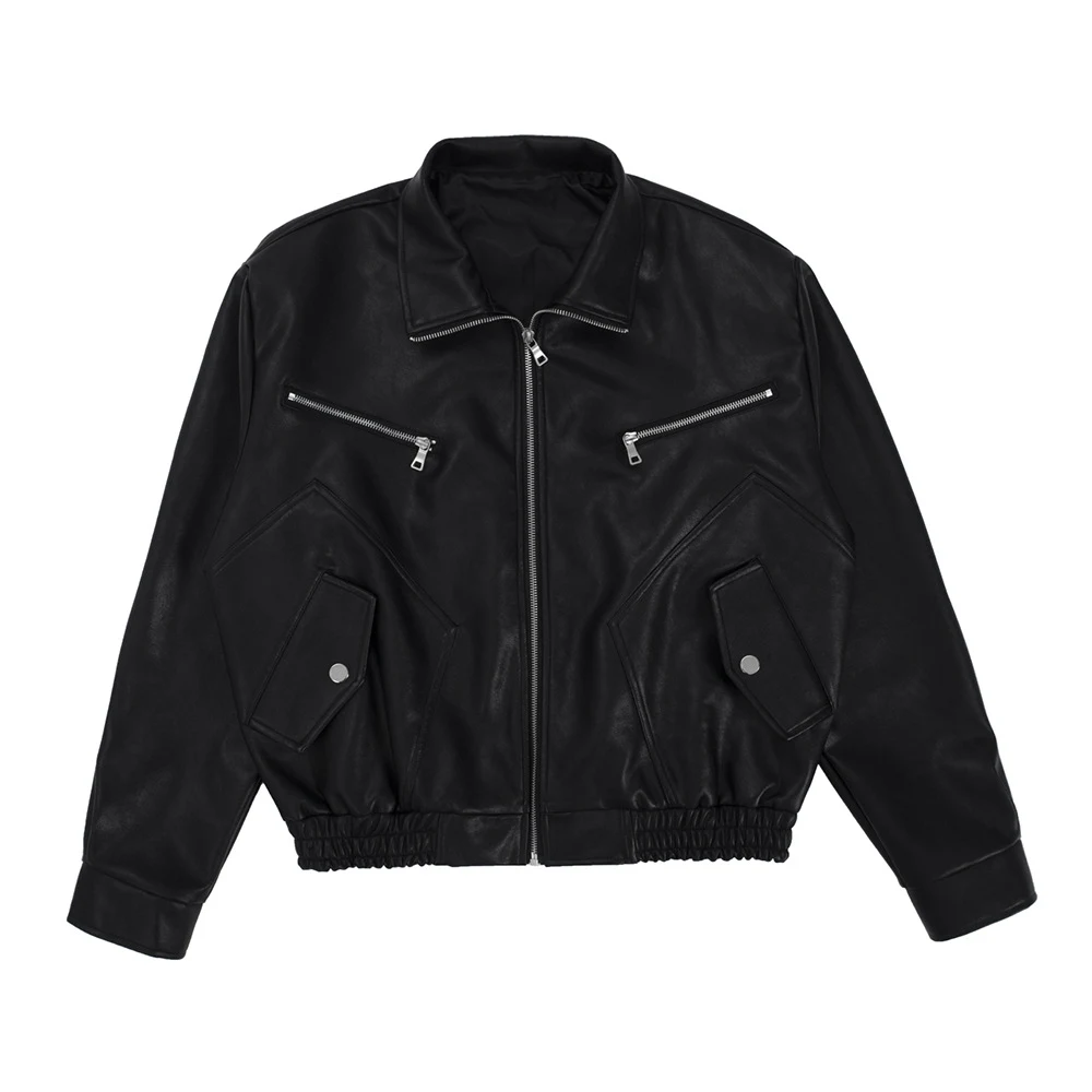 Jaqueta de couro PU Hippie Rock masculina, folgada, casual, com zíper e gola alta, estilo motociclista para um visual despojado. — foto 5