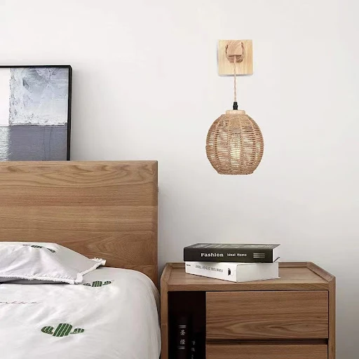 Title 5, Retro Japanese Bamboo Woven Bedside Wall Lamp. ...