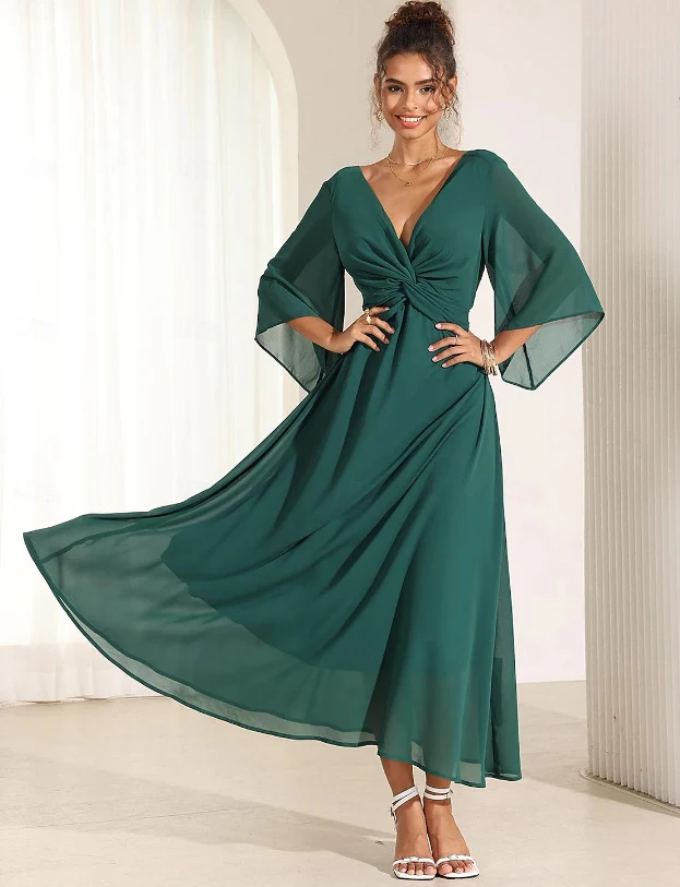 Title 11, Solid Color V-neck Bell Sleeve Extra Long Dress