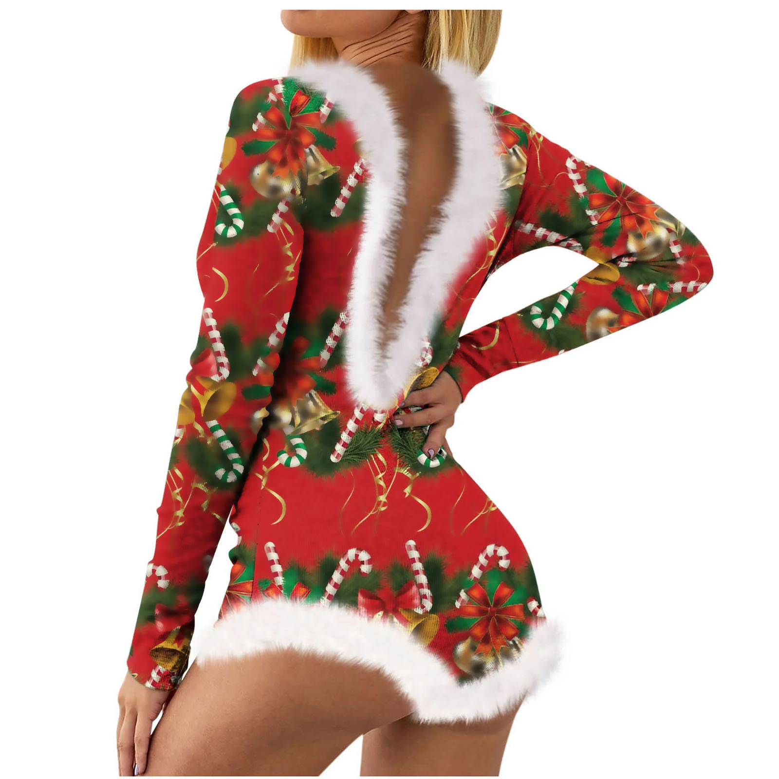 Christmas Women's Top Printed Sexy Long Sleeve V-neck Backless Furry Jumpsuit — photo 2