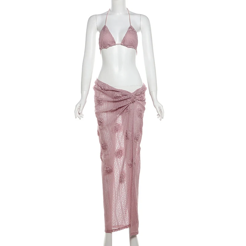 Title 2, Womens Halter Bikini High Slit Three-piece Set