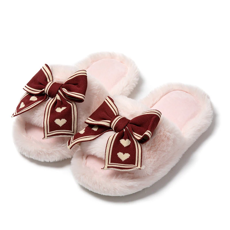 Women's Love Heart Bow Tie Opening Cotton Slippers, perfect for home use, soft and comfortable, ideal for relaxing. — photo 3