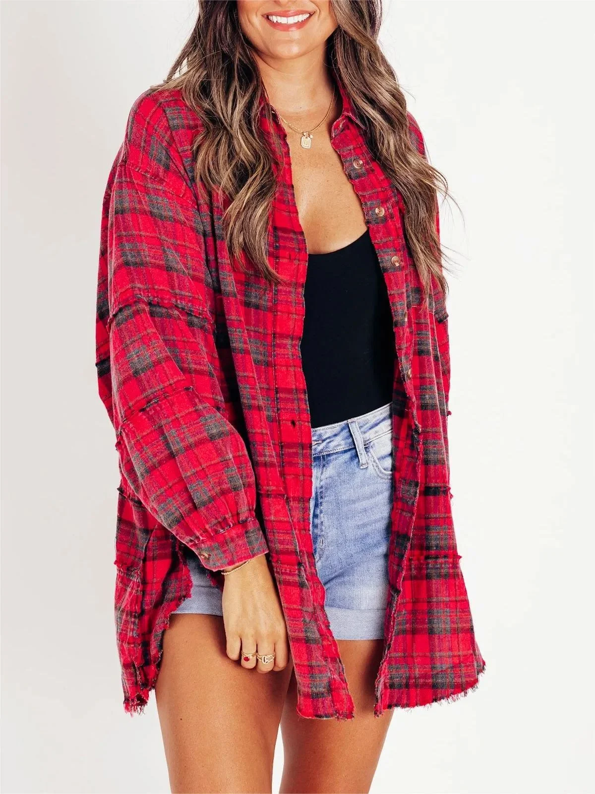 Title 6, Tassel Long Sleeve Top Loose Casual Plaid Shirt...