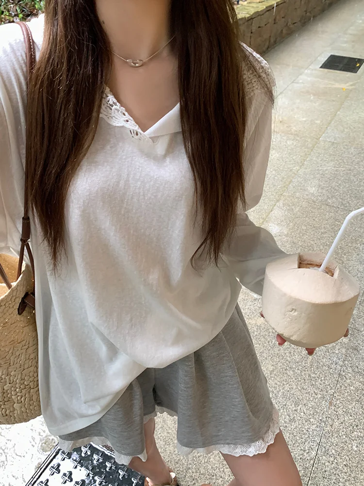 Title 2, Crocheted Lace Stitching Hooded Top, loose fit,...