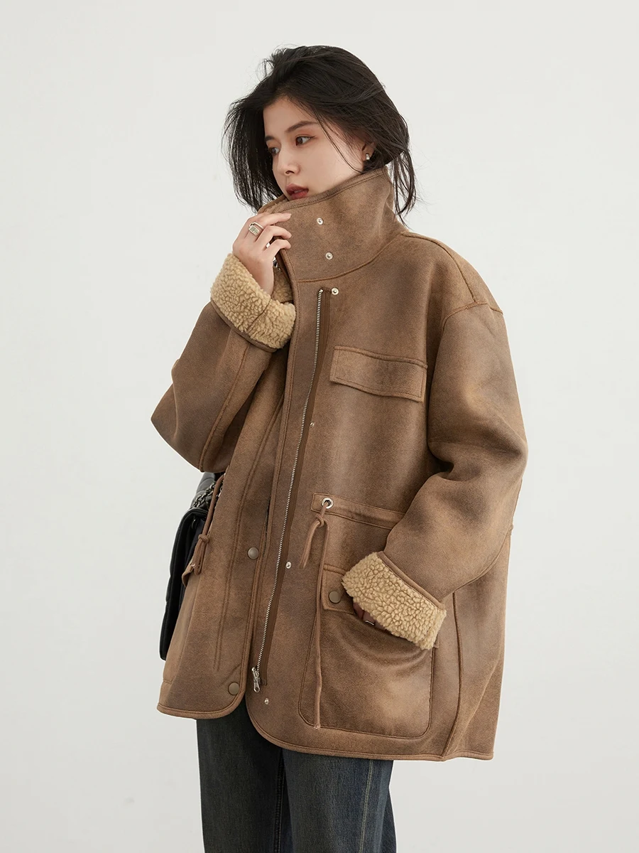 Women's Motorcycle Clothing Suede Lamb Wool Reverse Coat, a warm stylish riding and everyday wear coat, combining comfor — photo 13