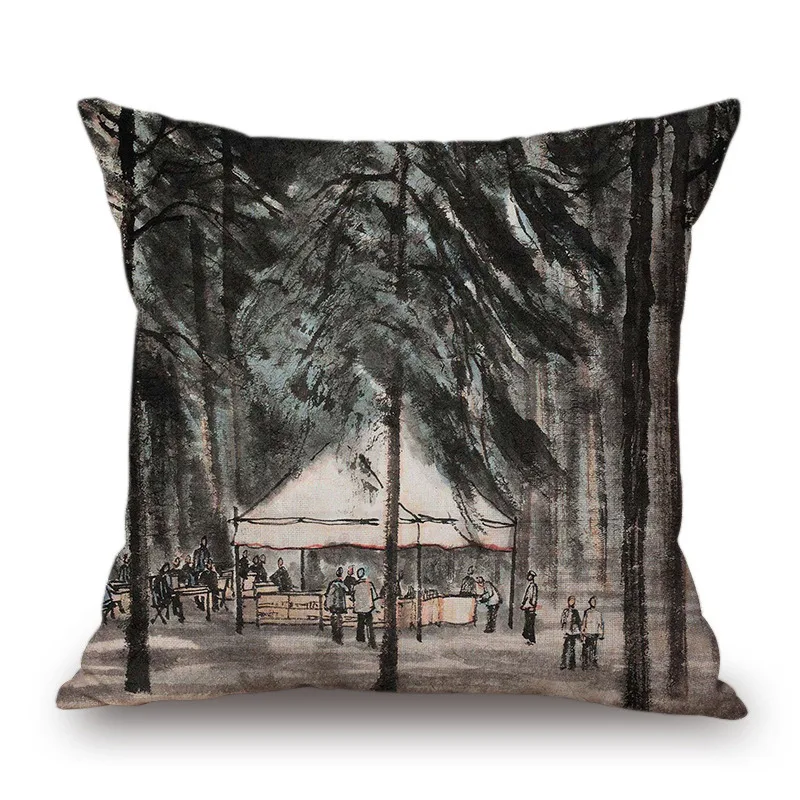 Capa de almofada de pintura de tinta retro chinesa, decoração com arte tradicional e design elegante para sofás e camas, conforto e estilo. — foto 12