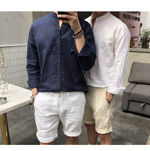 Title 15, Mens Retro Standing Collar Linen Shirt. Offers...