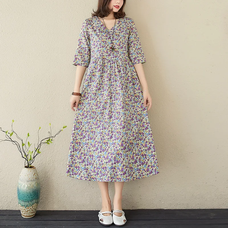 Artistic Plus Size Loose Cotton And Linen Floral V-neck Dress — photo 7