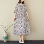 Artistic Plus Size Loose Cotton And Linen Floral V-neck Dress — photo 7