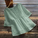 Blusa de verão em algodão e linho de cor sólida com mangas médias. Perfeita para o calor, oferece frescor, conforto e um visual leve e elegante. — foto 1