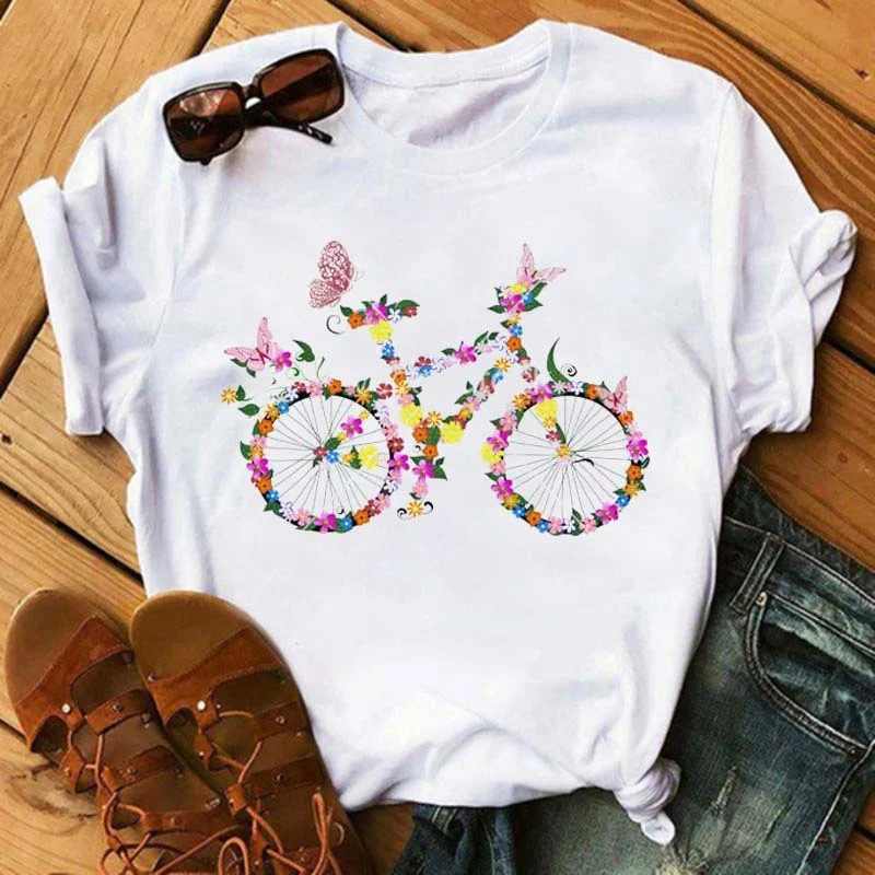 Leuk T-shirt voor dames met fiets- en zonnebloemprint en korte mouwen — foto 3