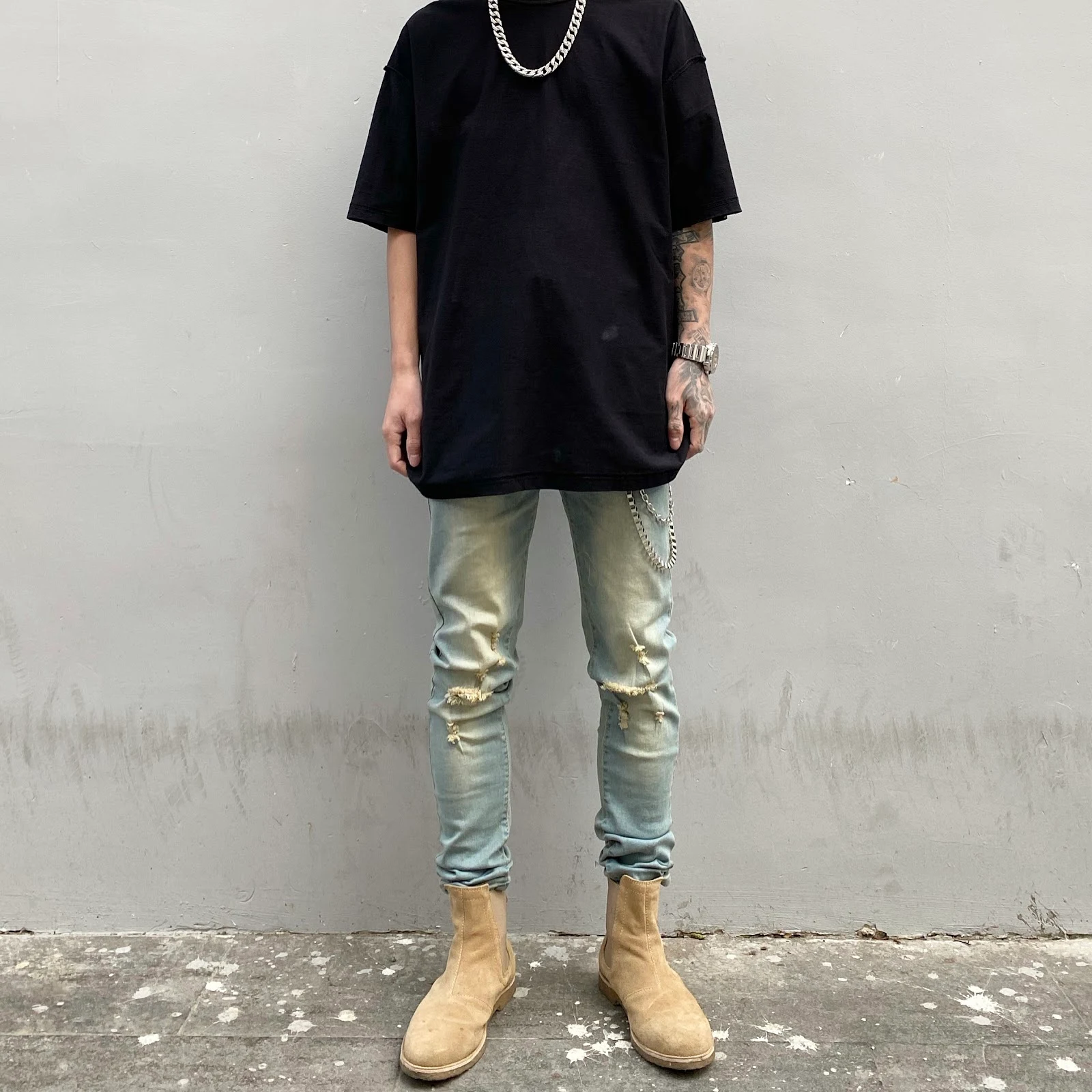Title 6, Yıkanmış sarı yıpranmış slim fit kot pantolon, ...