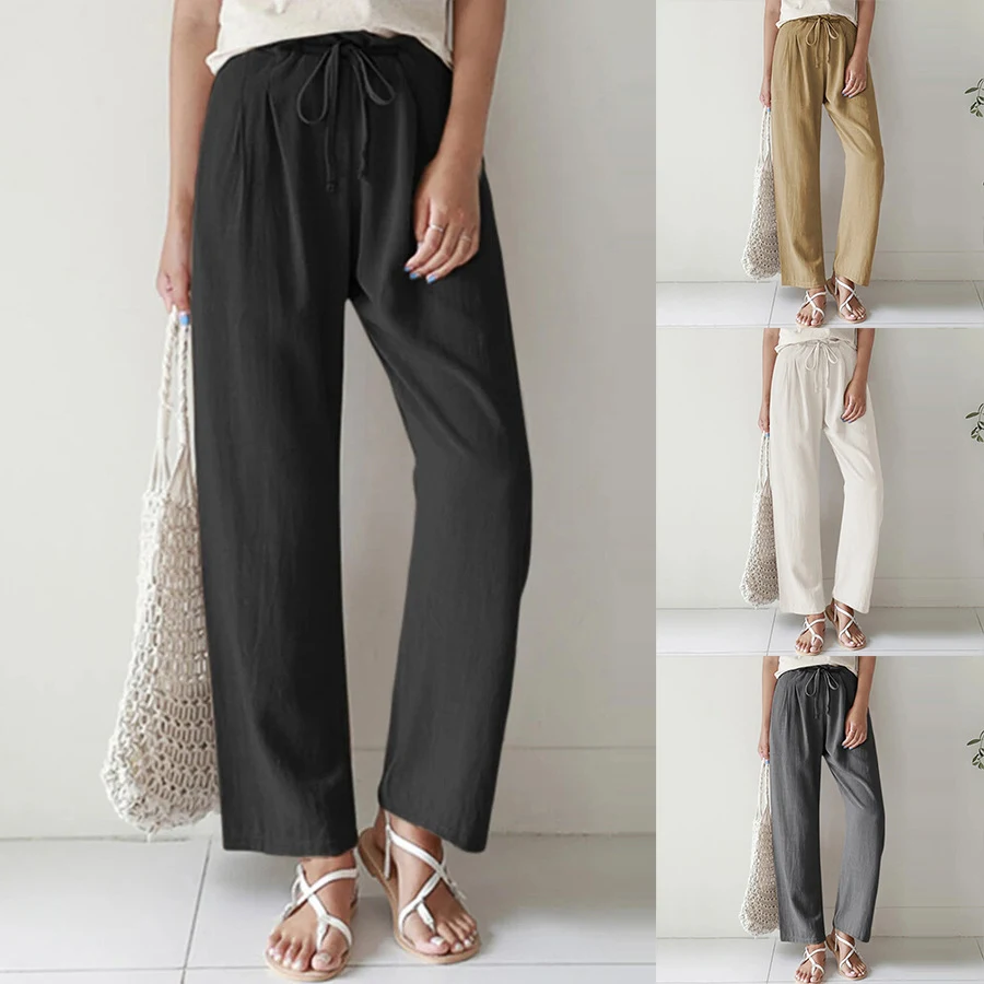Pantaloni donna in cotone e lino tinta unita con elastico in vita, comfort e stile per l'uso quotidiano, perfetti per un look casual e versatile. — foto 5