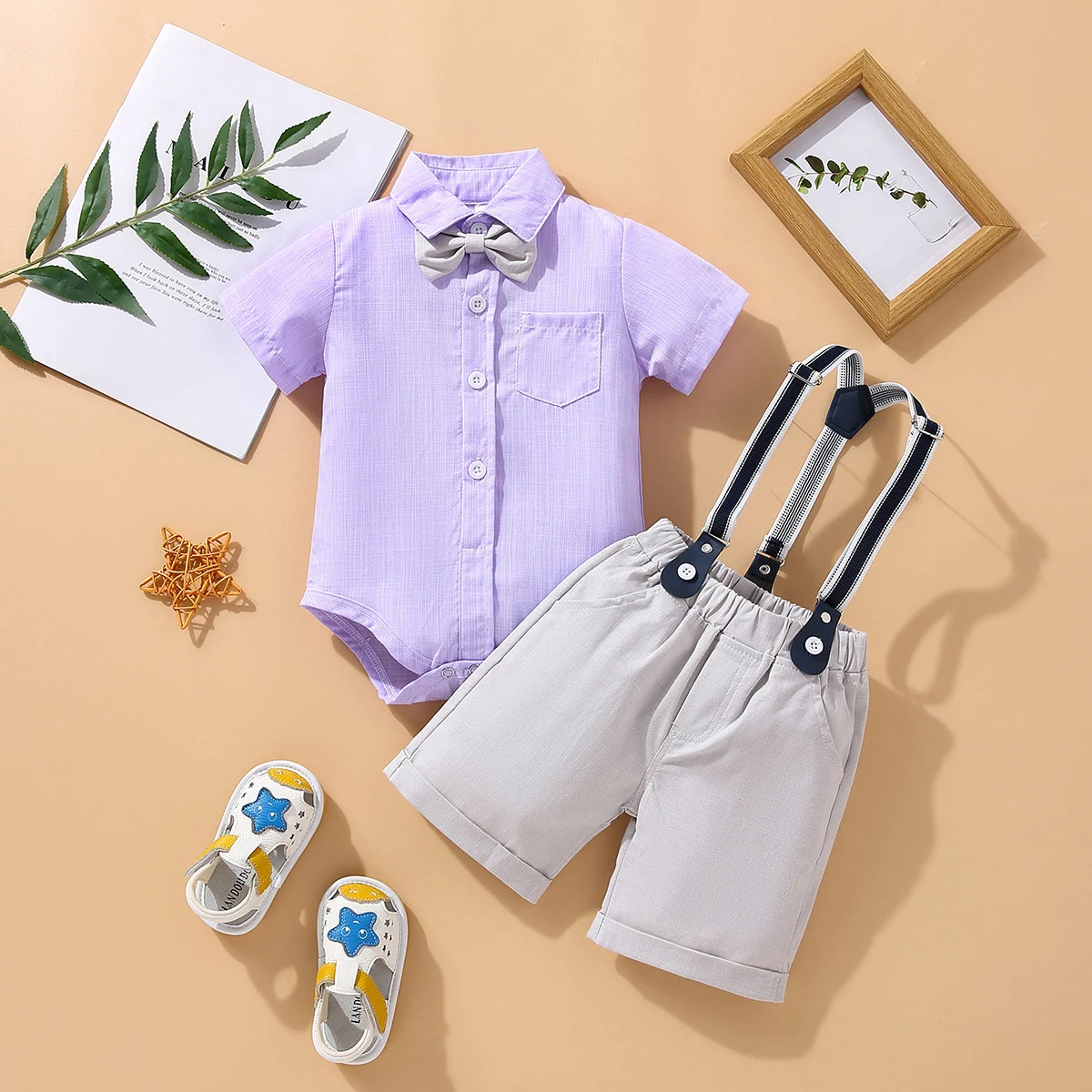 Conjunto de roupa de verão para bebês, macacão de manga curta, shorts com suspensórios, traje de cavalheiro, ideal para crianças. — foto 6