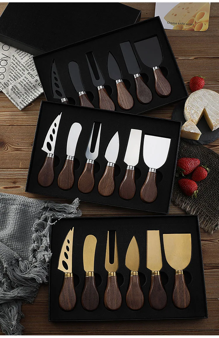 Title 3, Walnut Wooden Handle Boxed Cheese Knife Set Bak...