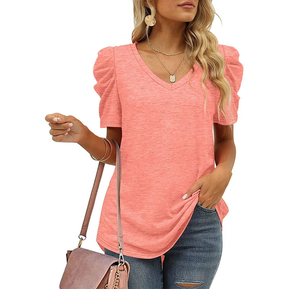 Title 11, V-neck Puff Short-sleeved T-shirt Summer Tops C...