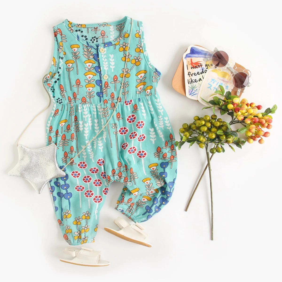 Title 4, Floral Cotton Long Sleeveless Onesie for Newbor...