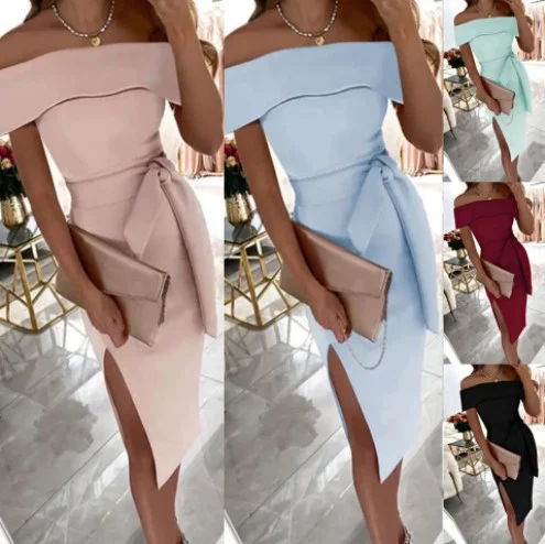 Nauwsluitende feestjurk met off-shoulder hals, effen kleur, vetersluiting, stijlvol voor een avondje uit of feest. — foto 11