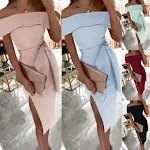 Nauwsluitende feestjurk met off-shoulder hals, effen kleur, vetersluiting, stijlvol voor een avondje uit of feest. — foto 11