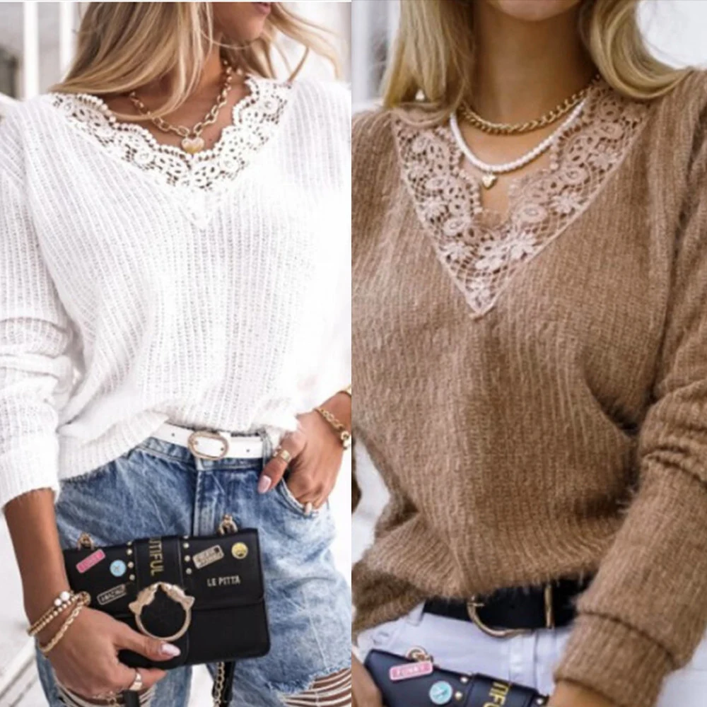 Title 3, Strickpullover mit Spitzenrand, warm, V-Ausschn...