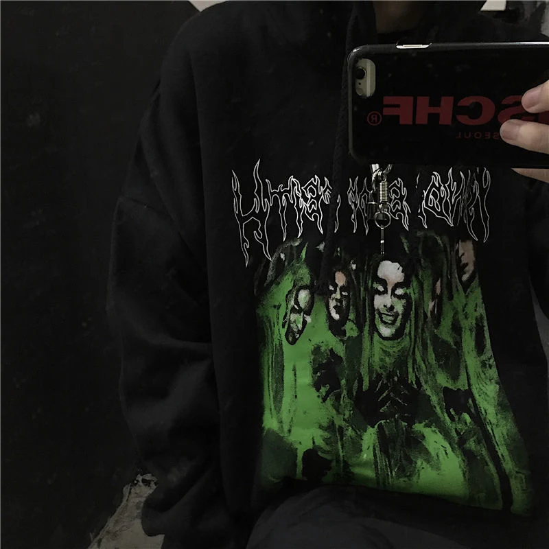 Dark Harajuku Hongkong Style Depressed Devil Print Hoodie Sweater, Unisex, Fleece Lined, Autumn Winter, Loose Fit, Comfo — photo 6