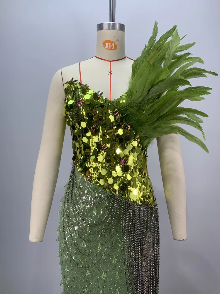 Title 3, Green Sequins Luxury Feather Sexy High Split Tu...