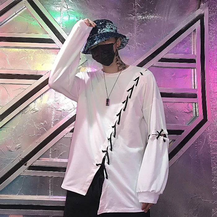 Hip-hop Personality DIY Lace-up Loose Thin Long-sleeved Hoodie. Stylish and comfortable tops for both men and women. Per — photo 5