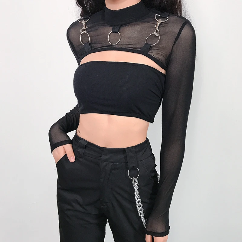 Black sexy mesh top for a bold and alluring look. Breathable and figure-flattering, perfect for a night out or adding a — photo 4