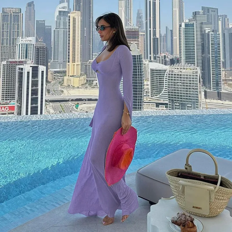 Title 9, U-shaped collar long sleeve waist-tight maxi dr...